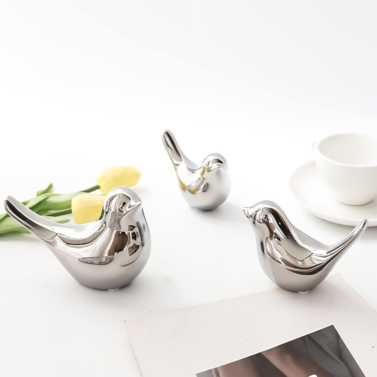 Silver Plated Ceramic Bird Statues for Home Decor