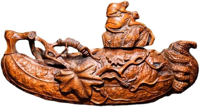 Handcrafted Boxwood Frog Statue with Pumpkin Handle