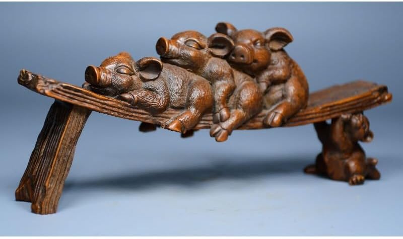Handcrafted Boxwood Lovable Animal Pig Stool Statues