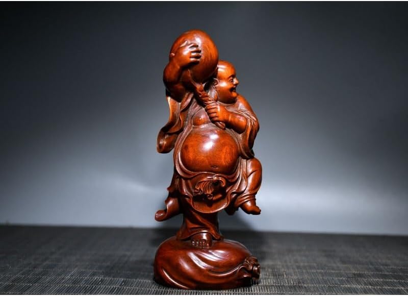 Handcrafted Boxwood Maitreya Buddha Peach Statue Decor