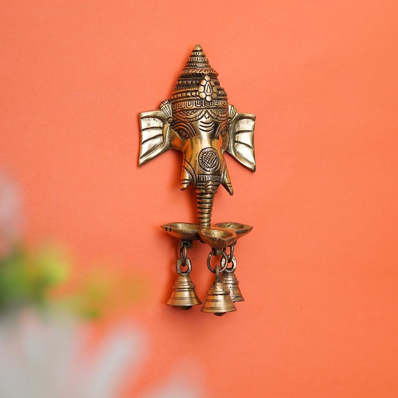 Statuestudio Brass Ganesha Diya Wall Hanging with Bells