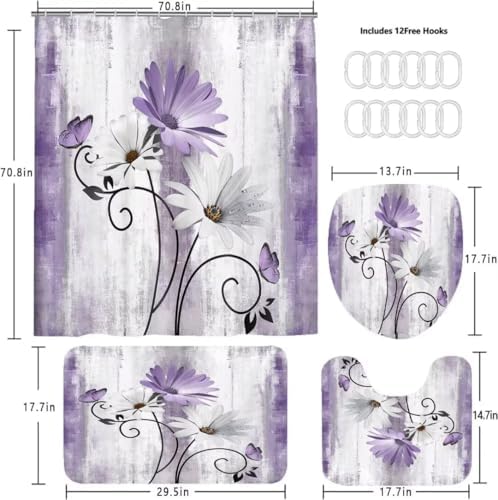 4PCS Rustic Purple Flower Farmhouse Shower Curtain Set
