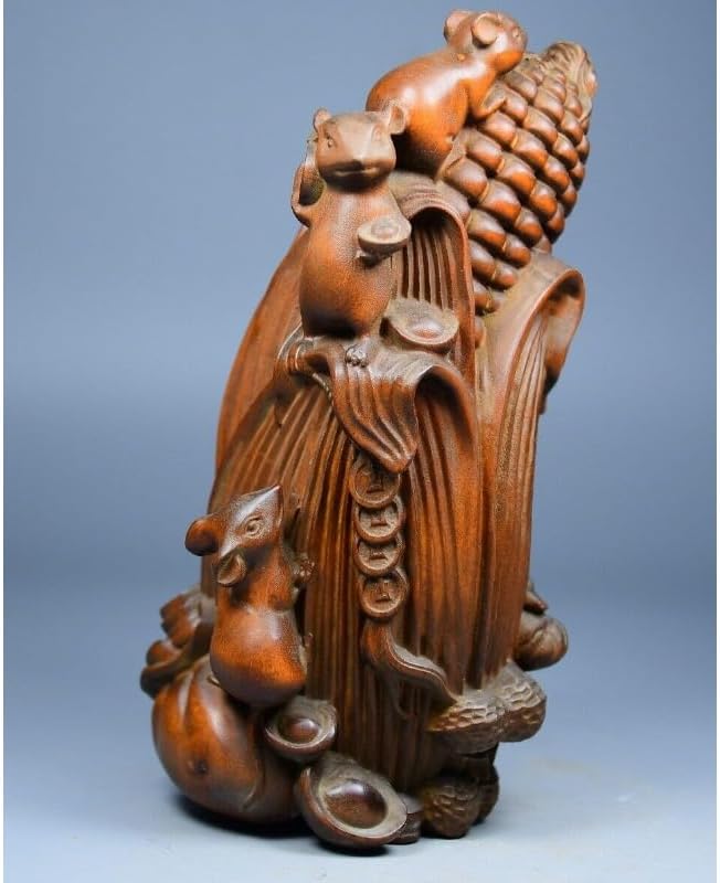 Handcrafted Boxwood Five Mouse Corn Wealth Statue Decor