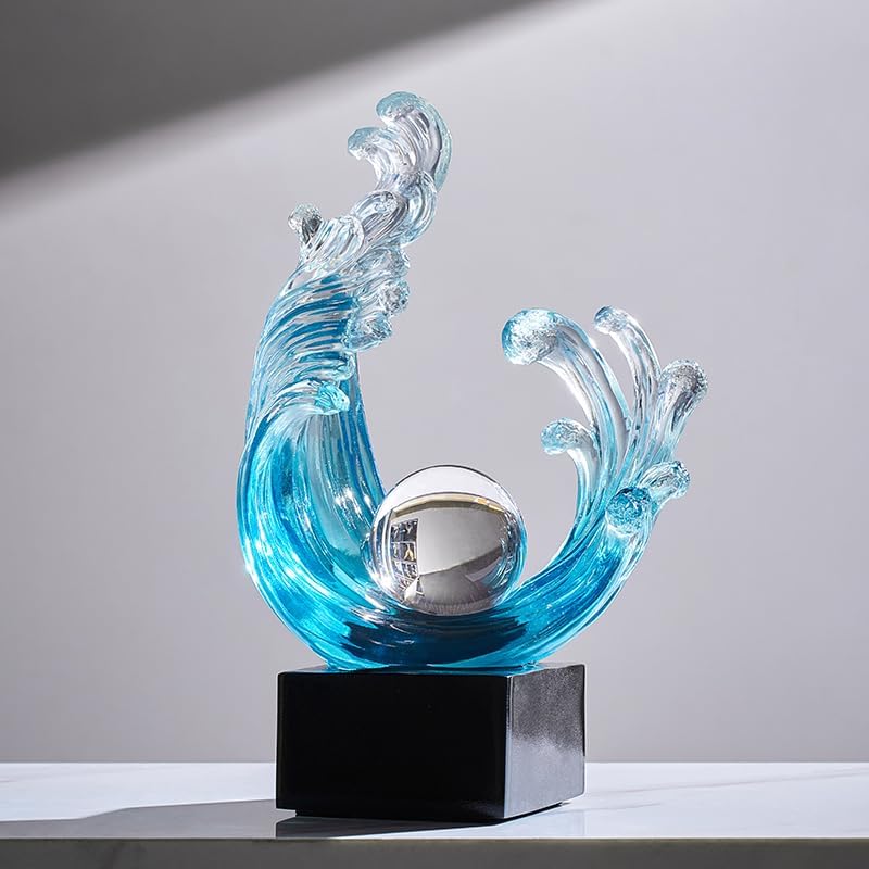 Modern Abstract Wave Sculpture with Crystal Orb Light-Blue