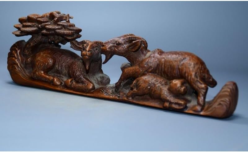 LimpaC Handcrafted Boxwood Animal Sculpture with Three Sheep and Pine Tree