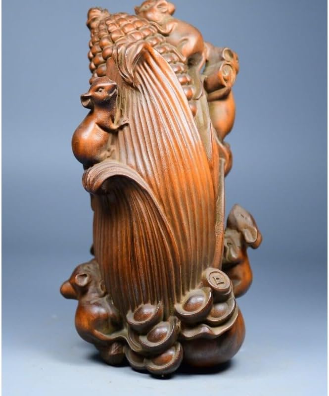 Handcrafted Boxwood Five Mouse Corn Wealth Statue Decor