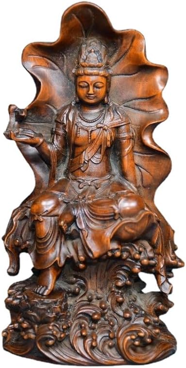 Handcrafted Boxwood Avalokitesvara Statue with Lotus Leaf