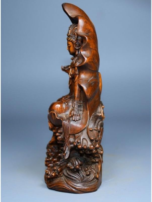 Handcrafted Boxwood Avalokitesvara Statue with Lotus Leaf
