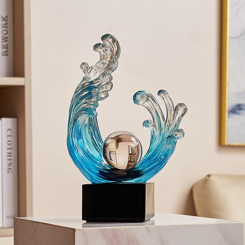 Modern Abstract Wave Sculpture with Crystal Orb Light-Blue