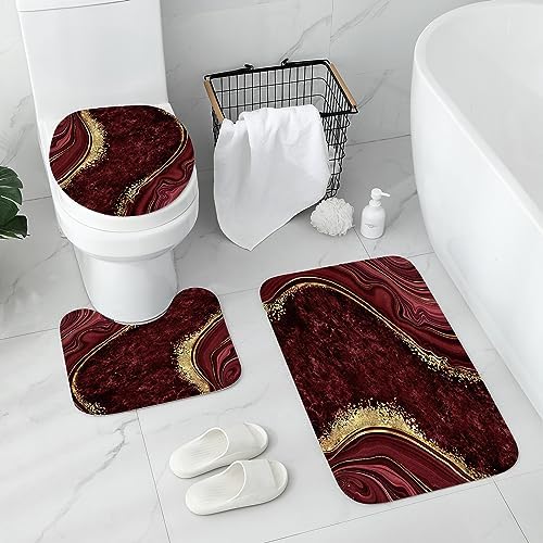 Gibelle 4 Pcs Luxury Marble Shower Curtain Set with Non-Slip Rugs