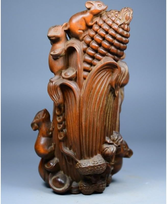 Handcrafted Boxwood Five Mouse Corn Wealth Statue Decor