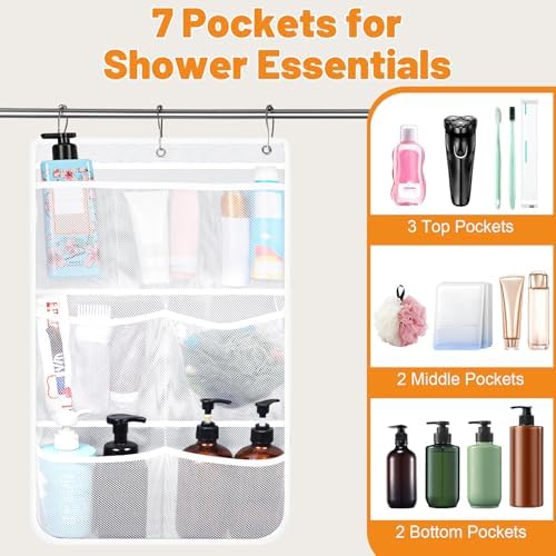 2 Pack Mesh Shower Caddy with 7 Pockets and Metal Hooks
