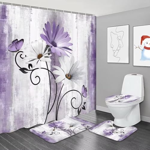 4PCS Rustic Purple Flower Farmhouse Shower Curtain Set