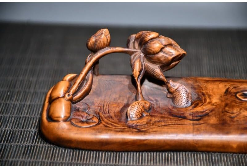 Handcrafted Boxwood Lotus Fish Sculpture Pen Holder