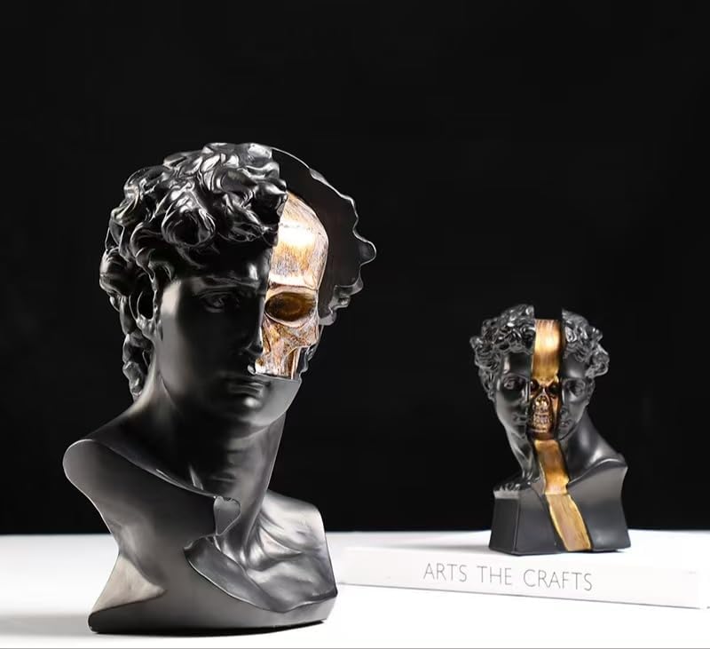 Retro Minimalist David Bust Sculpture with Gold Skull