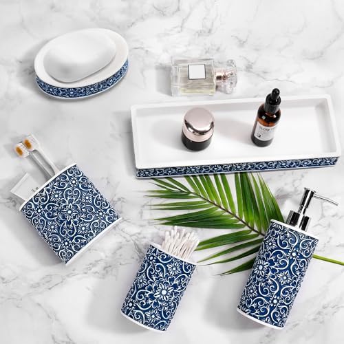 Elegant Floral Pattern Bathroom Accessory Set 5 Pcs Blue