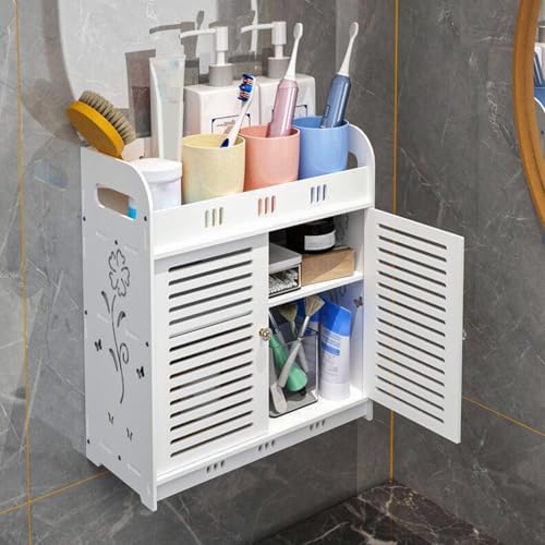 White Hollow Flower Pattern Bathroom Cabinet with Multi-Grid Tiers