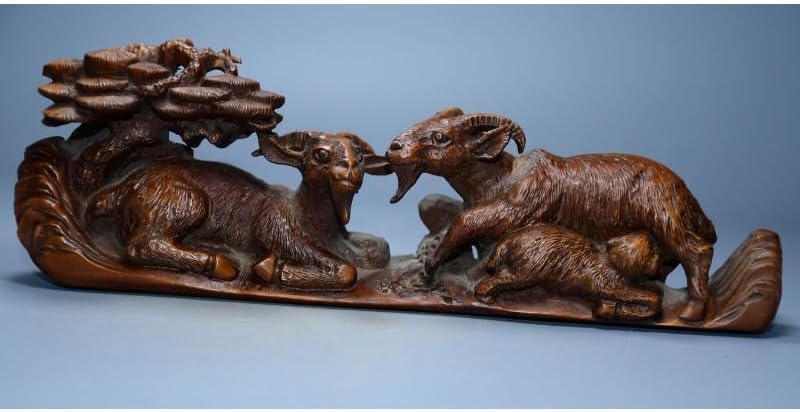 LimpaC Handcrafted Boxwood Animal Sculpture with Three Sheep and Pine Tree