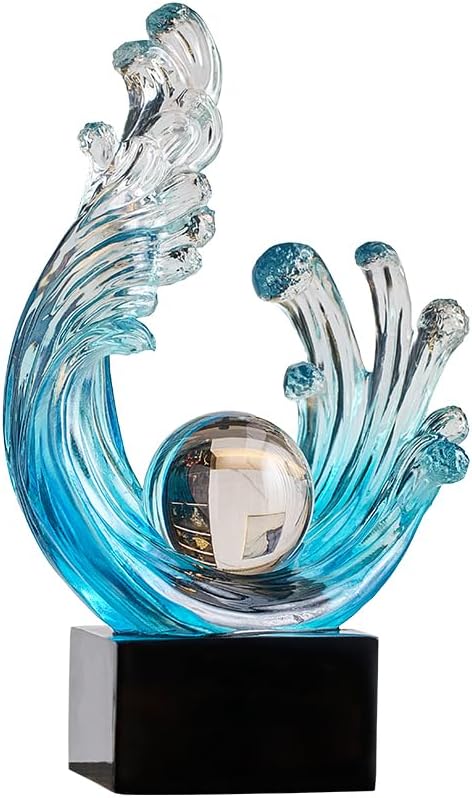 Modern Abstract Wave Sculpture with Crystal Orb Light-Blue
