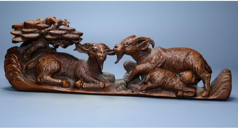 LimpaC Handcrafted Boxwood Animal Sculpture with Three Sheep and Pine Tree