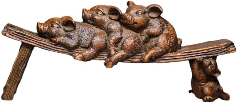 Handcrafted Boxwood Lovable Animal Pig Stool Statues