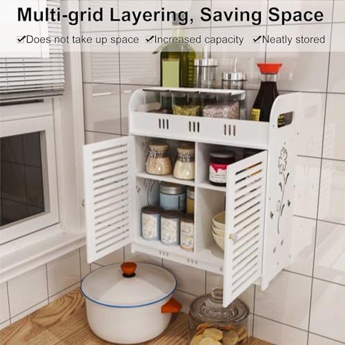 White Hollow Flower Pattern Bathroom Cabinet with Multi-Grid Tiers