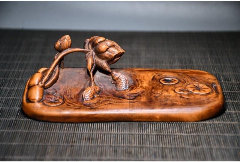 Handcrafted Boxwood Lotus Fish Sculpture Pen Holder
