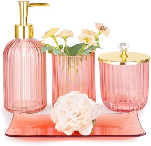 JUPELI 4-Piece Pink Glass Bathroom Accessories Set