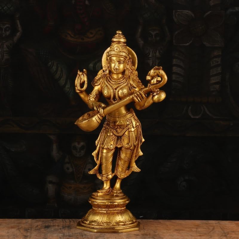 Statuestudio Brass Saraswati Statue - 10 Inch