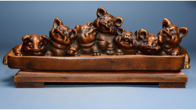 LimpaC Boxwood Seven Pig Statues Handcrafted Decor