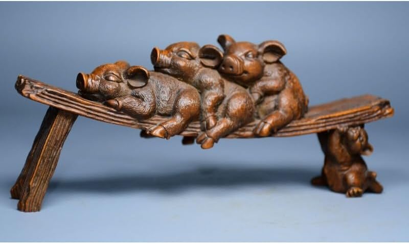 Handcrafted Boxwood Lovable Animal Pig Stool Statues
