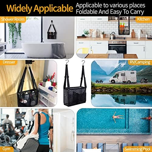 4 Storage Pockets Adjustable Hanging Mesh Shower Caddy Black