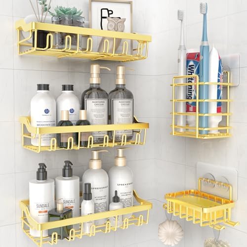 5 Pack Adhesive Shower Caddy with Gold Finish