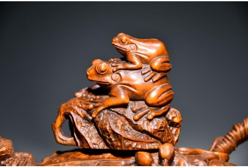 Handcrafted Boxwood Frog Statue with Pumpkin Handle