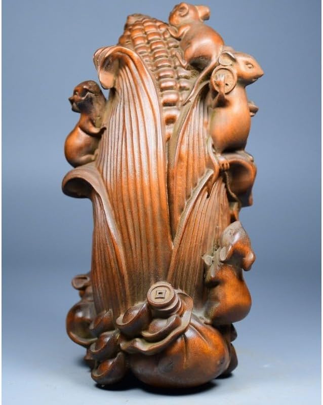 Handcrafted Boxwood Five Mouse Corn Wealth Statue Decor