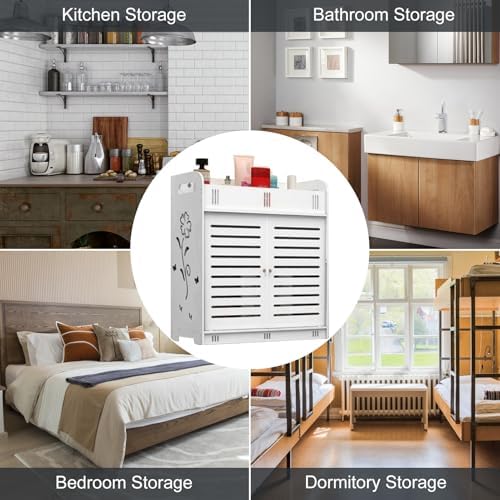 White Hollow Flower Pattern Bathroom Cabinet with Multi-Grid Tiers