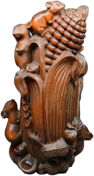 Handcrafted Boxwood Five Mouse Corn Wealth Statue Decor