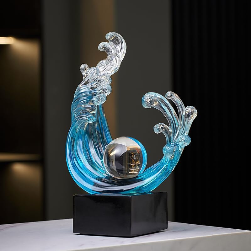 Modern Abstract Wave Sculpture with Crystal Orb Light-Blue