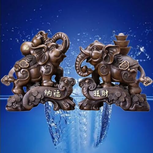 Feng Shui Wealth Elephant Sculpture - Resin and Wood Finish Pair