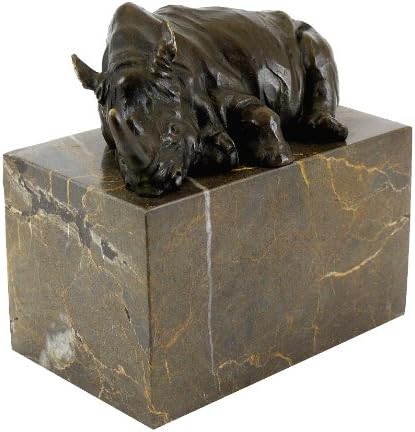 Animal Bronze Figure - Resting Rhino on Marble - Signed by Milo