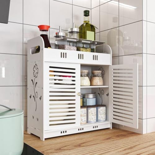 White Hollow Flower Pattern Bathroom Cabinet with Multi-Grid Tiers
