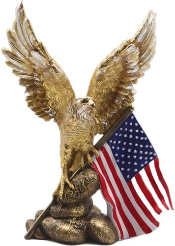 Patriotic Bald Eagle Figurine with Flag Gold Resin Statue