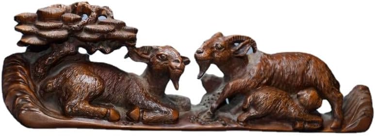 LimpaC Handcrafted Boxwood Animal Sculpture with Three Sheep and Pine Tree