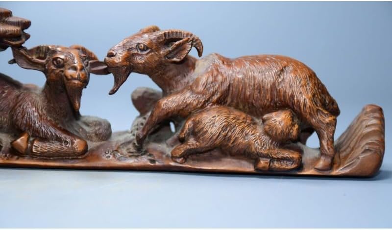LimpaC Handcrafted Boxwood Animal Sculpture with Three Sheep and Pine Tree
