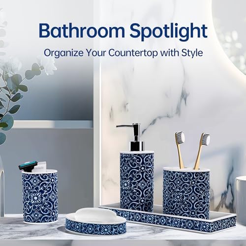 Elegant Floral Pattern Bathroom Accessory Set 5 Pcs Blue