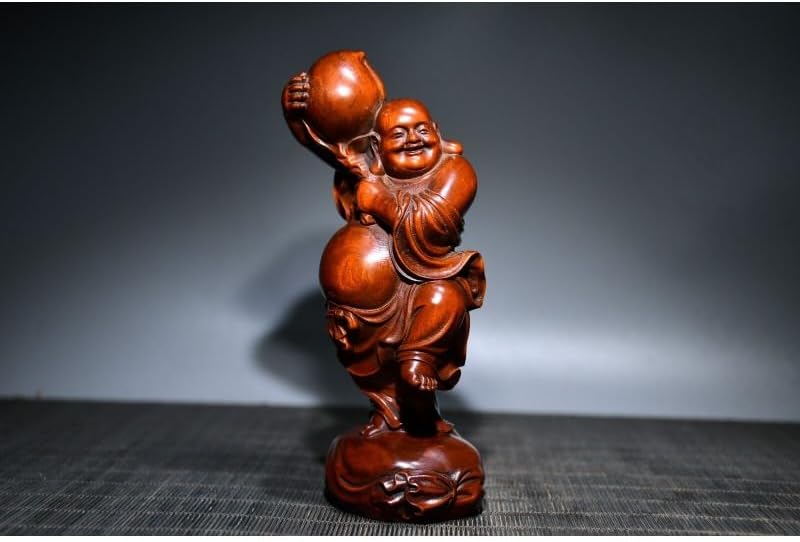 Handcrafted Boxwood Maitreya Buddha Peach Statue Decor