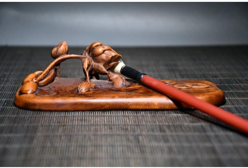 Handcrafted Boxwood Lotus Fish Sculpture Pen Holder