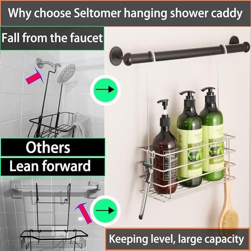 Seltomer 360 Swivel Shower Caddy with Hooks and Large Basket