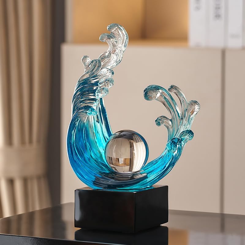 Modern Abstract Wave Sculpture with Crystal Orb Light-Blue