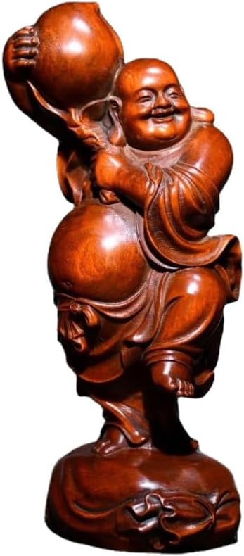 Handcrafted Boxwood Maitreya Buddha Peach Statue Decor